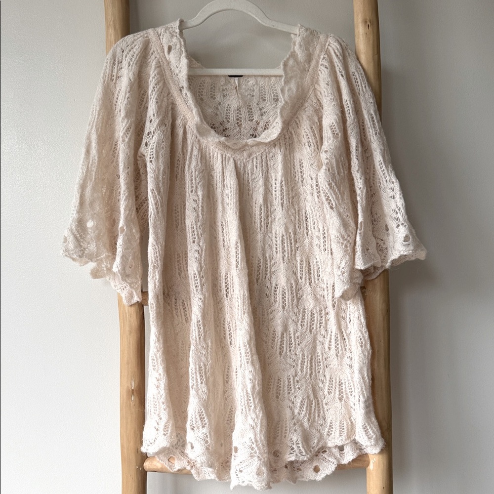 Free People Boho Crochet Wool Alpaca Blend Cream Bell Sleeve Tunic Sweater L